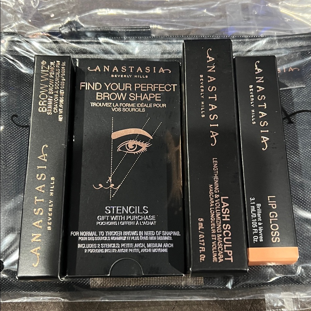 Anastasia Beverly Hills Brow Eyelash and Lip Set with mesh carrying case.